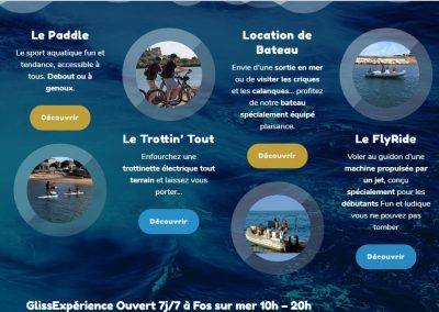 Site internet GlissExperience qui propose de la bouée tractée, trottin tout, location de bateau, FlyRide et Paddle à Fos sur mer